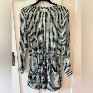 ALC 100% Silk Striped Long Sleeve Button Front Shift Shirt Mini Dress